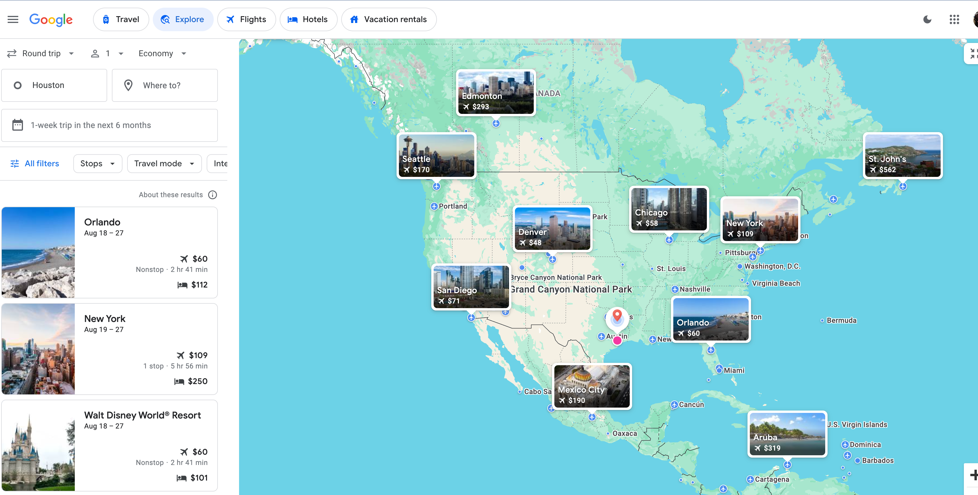 Google Flights explore feature using Houston as home base. GOOGLE FLIGHTS
